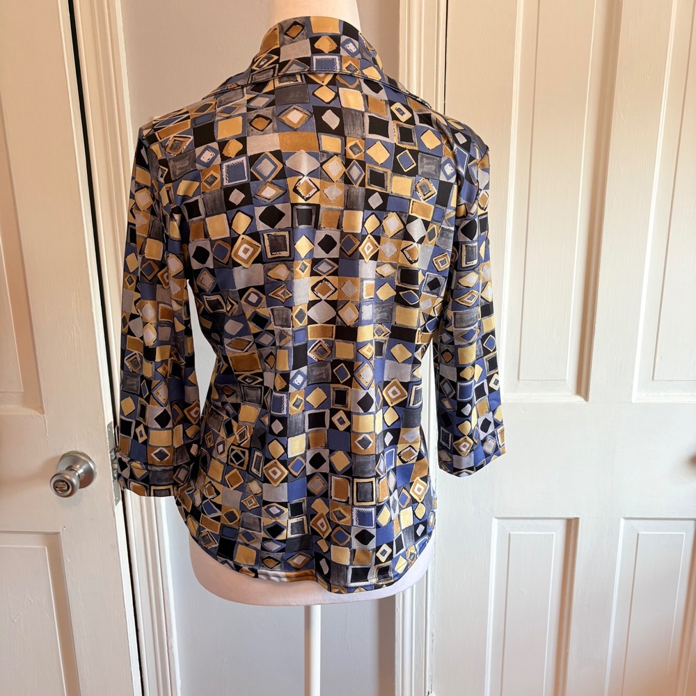 Vintage PHD Paul Harris Design Women Medium Button Up Shirt Blue Geometric - Picture 3 of 6